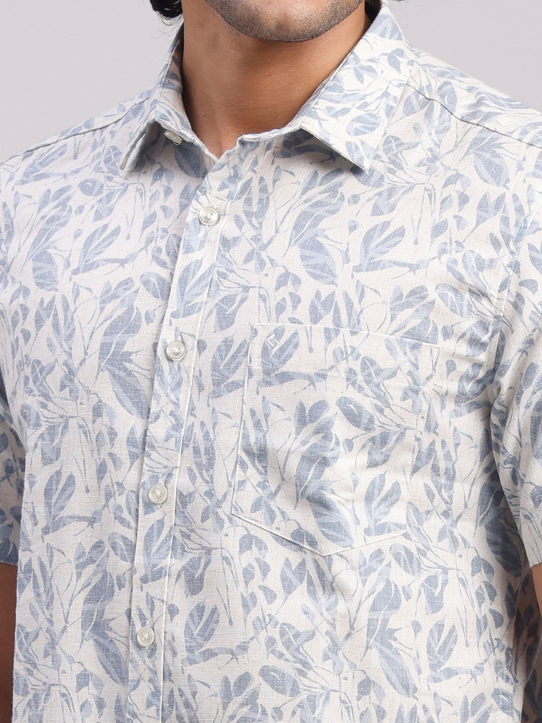 Classic Polo Men's Half Sleeve Off-White/Blue Polo Neck Slim Fit All-Over Print Cotton Casual Shirt | SR1-EL-08 C-HS-PRT-SF