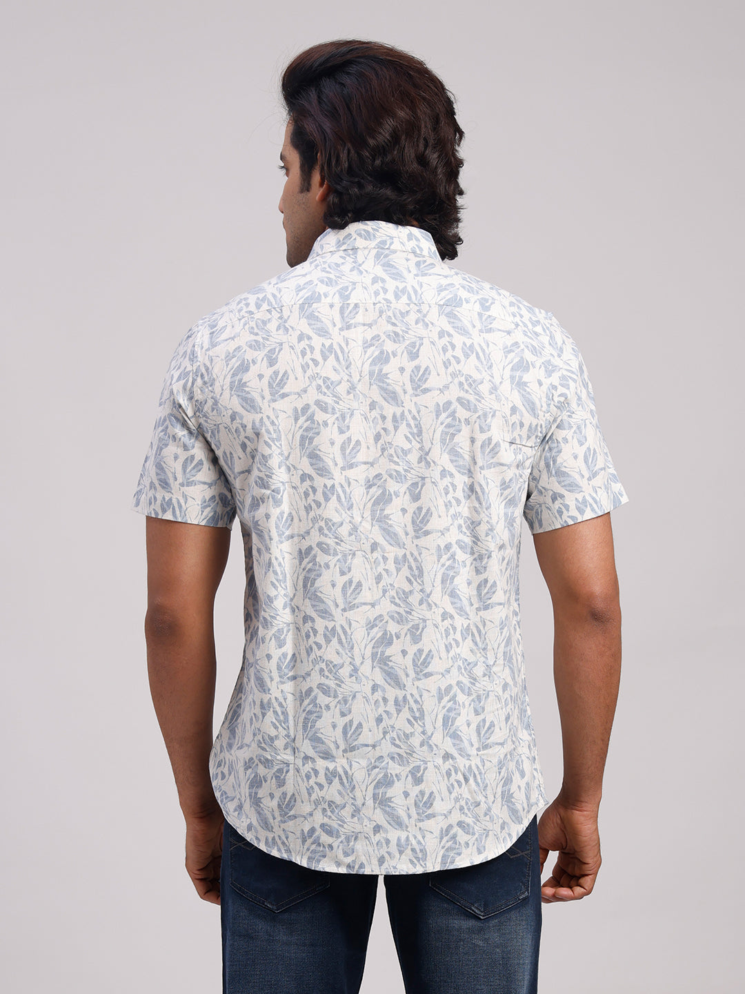 Classic Polo Men's Half Sleeve Off-White/Blue Polo Neck Slim Fit All-Over Print Cotton Casual Shirt | SR1-EL-08 C-HS-PRT-SF