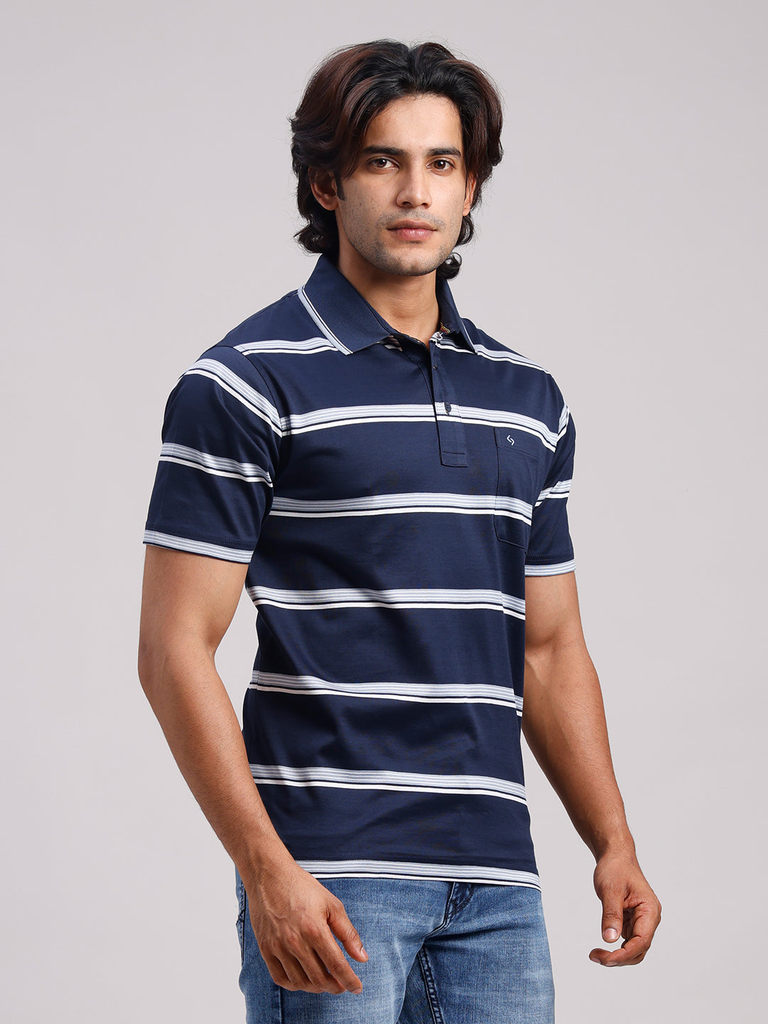 Classic Polo Men's Half Sleeve Navy Blue/White Authentic Fit Striped Premium Mercerised Cotton T-Shirt | ULTIMO - 359 A AF P