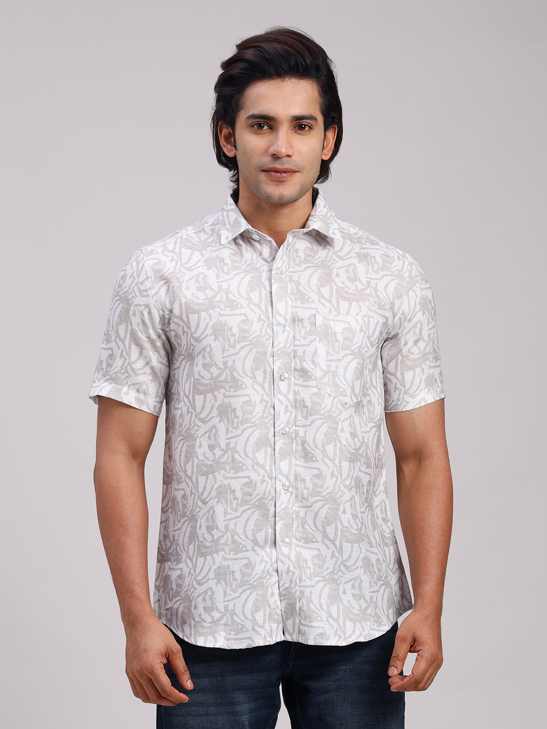 Classic Polo Men's Half Sleeve Taupe/White Polo Neck Slim Fit All-Over Print Cotton Casual Shirt | LSHR1-CL-16 A-HS-PRT-SF
