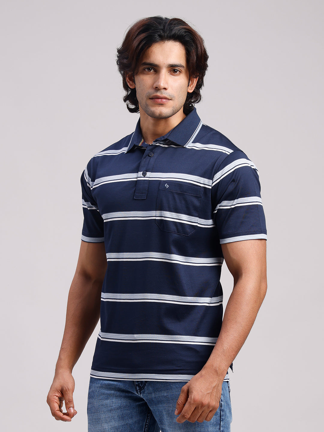 Classic Polo Men's Half Sleeve Navy Blue/White Authentic Fit Striped Premium Mercerised Cotton T-Shirt | ULTIMO - 359 A AF P