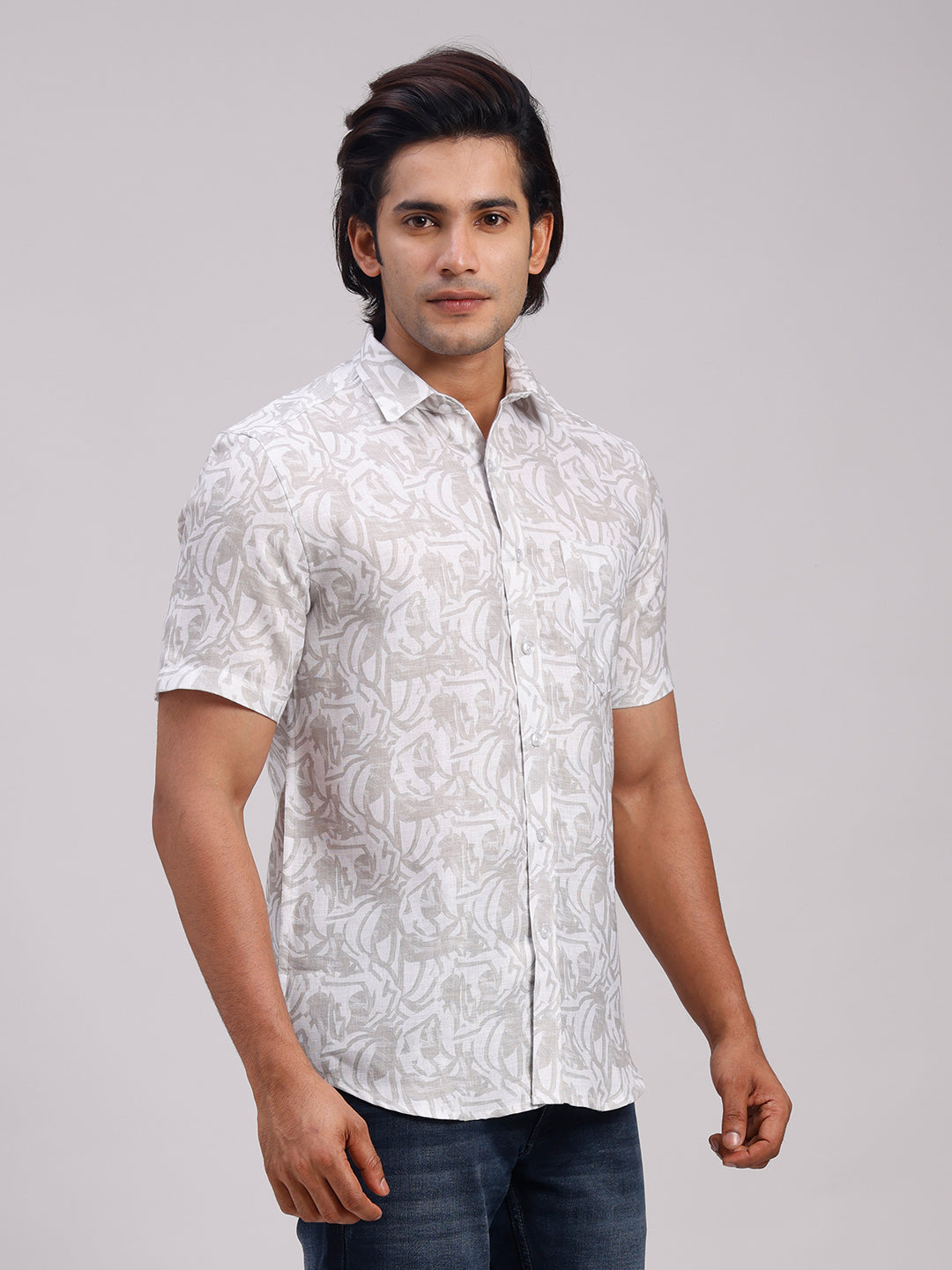Classic Polo Men's Half Sleeve Taupe/White Polo Neck Slim Fit All-Over Print Cotton Casual Shirt | LSHR1-CL-16 A-HS-PRT-SF