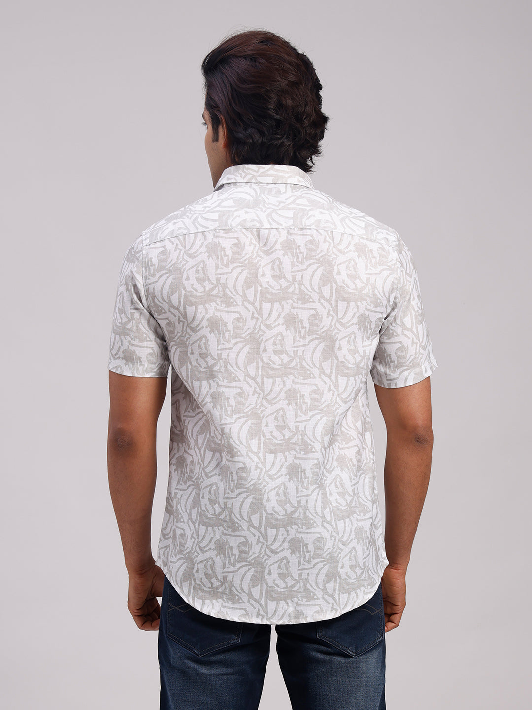 Classic Polo Men's Half Sleeve Taupe/White Polo Neck Slim Fit All-Over Print Cotton Casual Shirt | LSHR1-CL-16 A-HS-PRT-SF