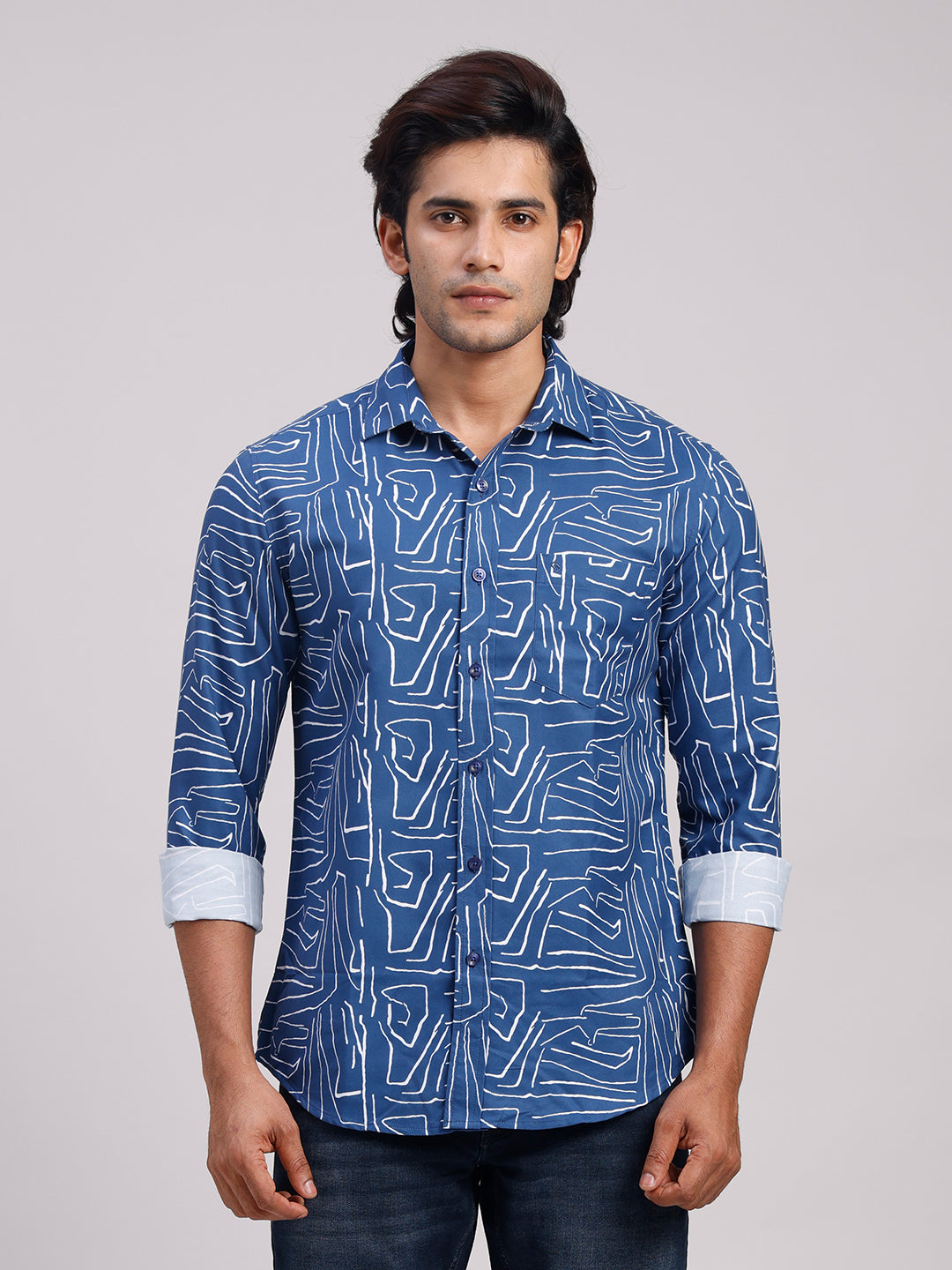 Classic Polo Men's Full Sleeve Indigo Blue/White Polo Neck Slim Fit All-Over Print Cotton Casual Shirt | SR1-CL-16 B-FS-PRT-SF