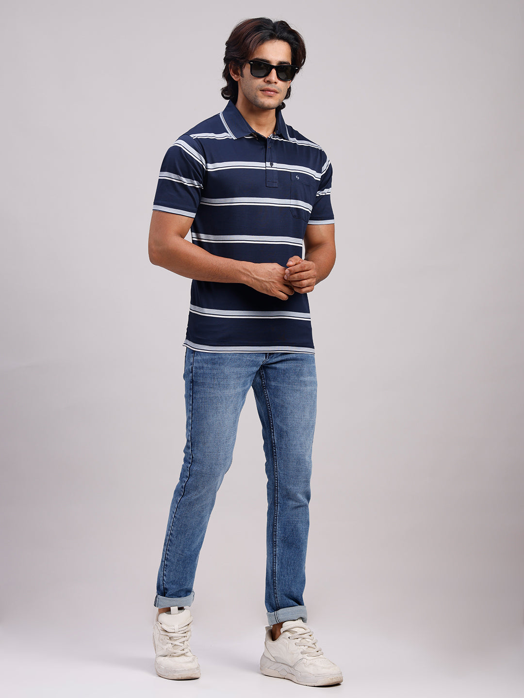 Classic Polo Men's Half Sleeve Navy Blue/White Authentic Fit Striped Premium Mercerised Cotton T-Shirt | ULTIMO - 359 A AF P