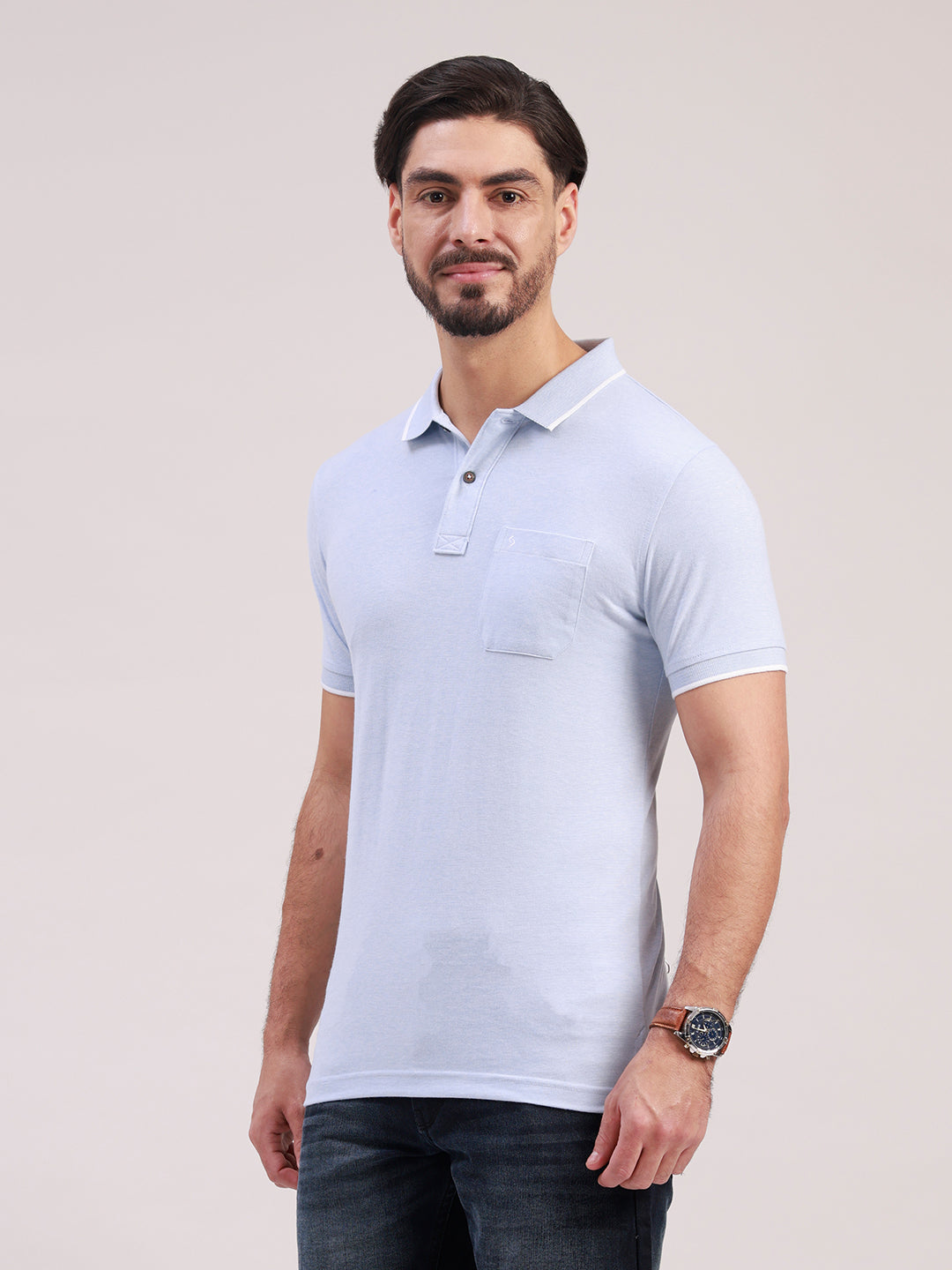 Classic Polo Men's Half Sleeve Light Blue Polo Neck Slim Fit Solid Cotton Blend T-Shirt | CPEG - 371 B SF P