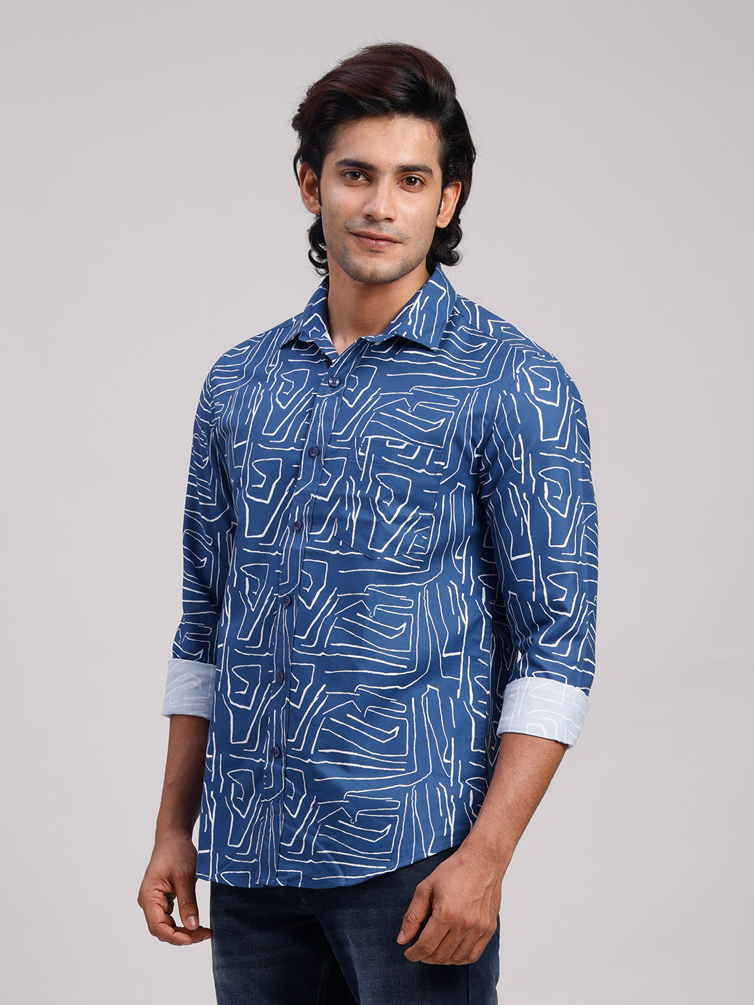 Classic Polo Men's Full Sleeve Indigo Blue/White Polo Neck Slim Fit All-Over Print Cotton Casual Shirt | SR1-CL-16 B-FS-PRT-SF