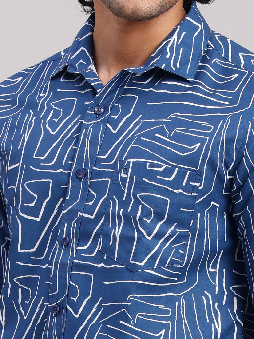 Classic Polo Men's Full Sleeve Indigo Blue/White Polo Neck Slim Fit All-Over Print Cotton Casual Shirt | SR1-CL-16 B-FS-PRT-SF