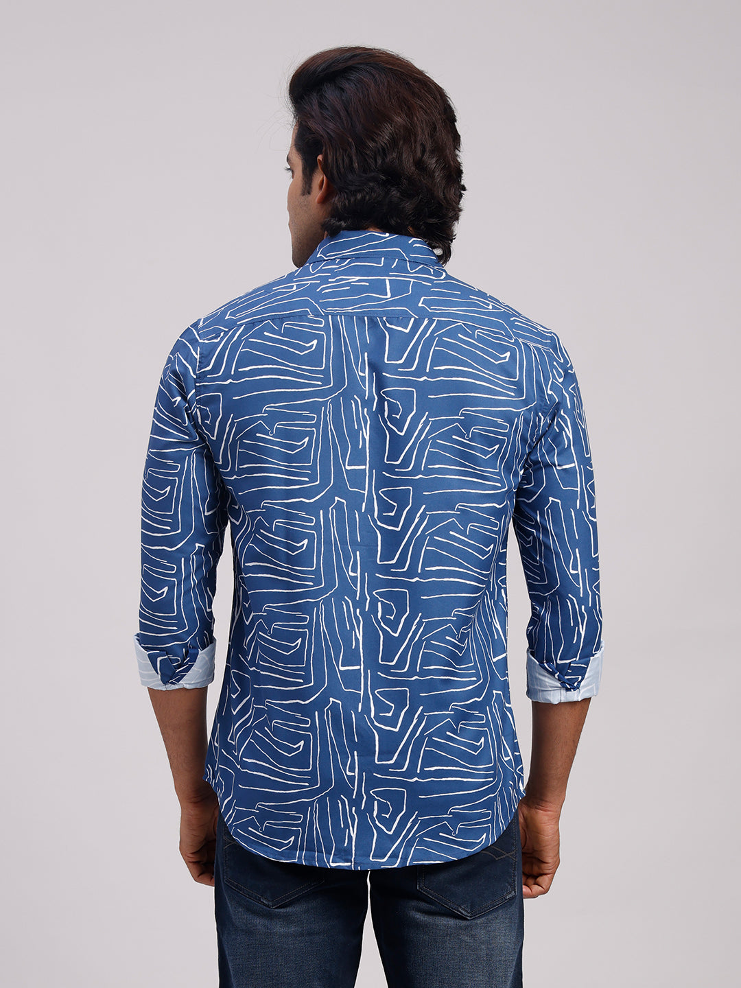 Classic Polo Men's Full Sleeve Indigo Blue/White Polo Neck Slim Fit All-Over Print Cotton Casual Shirt | SR1-CL-16 B-FS-PRT-SF