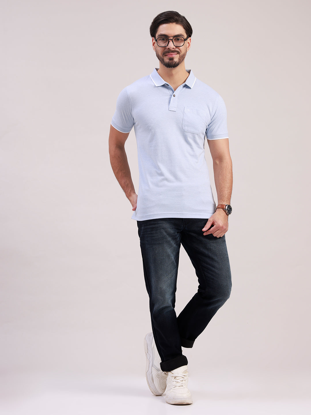 Classic Polo Men's Half Sleeve Light Blue Polo Neck Slim Fit Solid Cotton Blend T-Shirt | CPEG - 371 B SF P