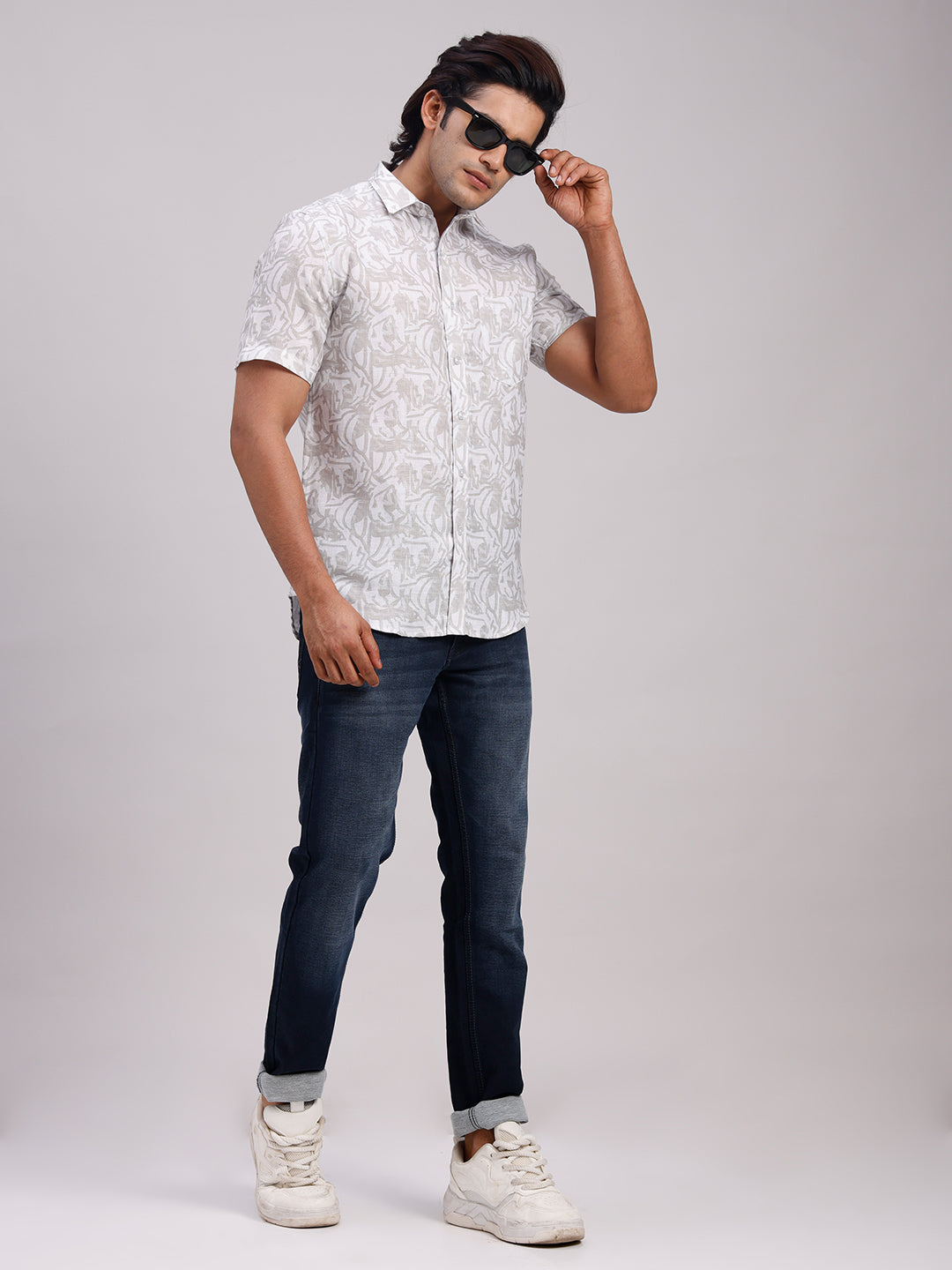 Classic Polo Men's Half Sleeve Taupe/White Polo Neck Slim Fit All-Over Print Cotton Casual Shirt | LSHR1-CL-16 A-HS-PRT-SF