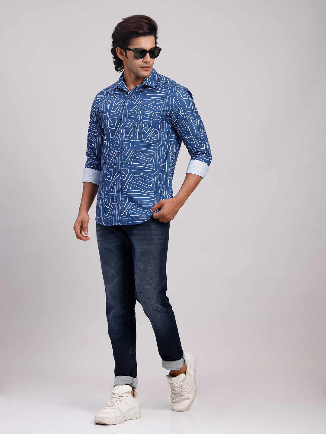 Classic Polo Men's Full Sleeve Indigo Blue/White Polo Neck Slim Fit All-Over Print Cotton Casual Shirt | SR1-CL-16 B-FS-PRT-SF