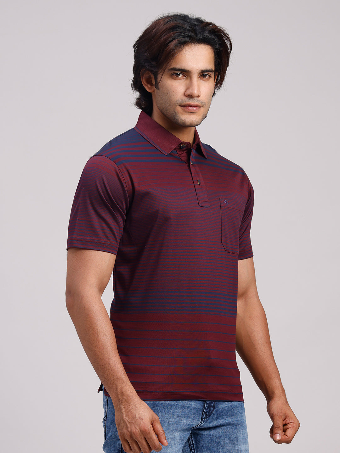 Classic Polo Men's Half Sleeve Burgundy/Navy Authentic Fit Striped Premium Mercerised Cotton T-Shirt | ULTIMO - 358 A AF P