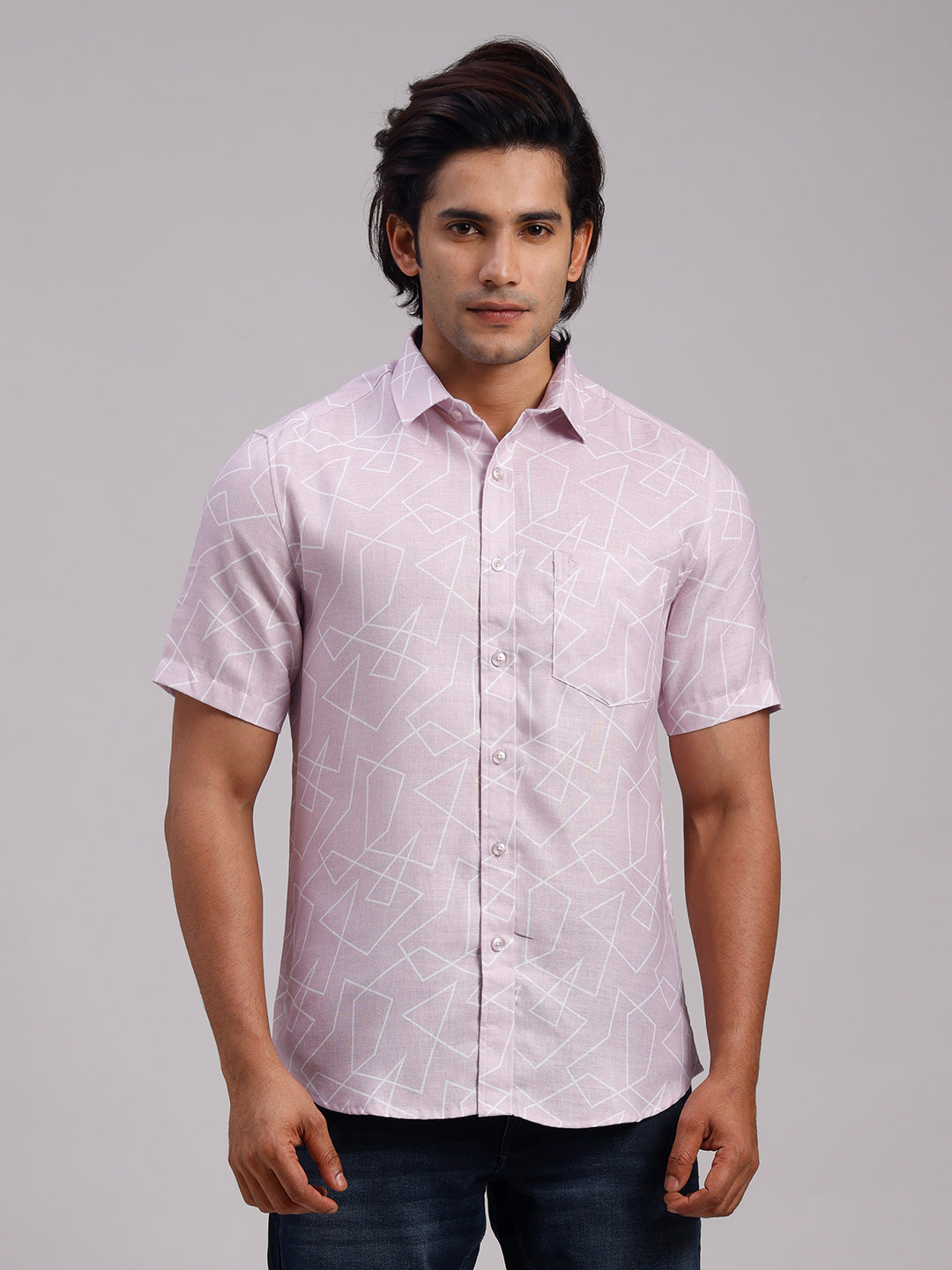 Classic Polo Men's Half Sleeve Light Mauve Polo Neck Slim Fit All-Over Print Cotton Casual Shirt | LSHR1-CL-12 B-HS-PRT-SF