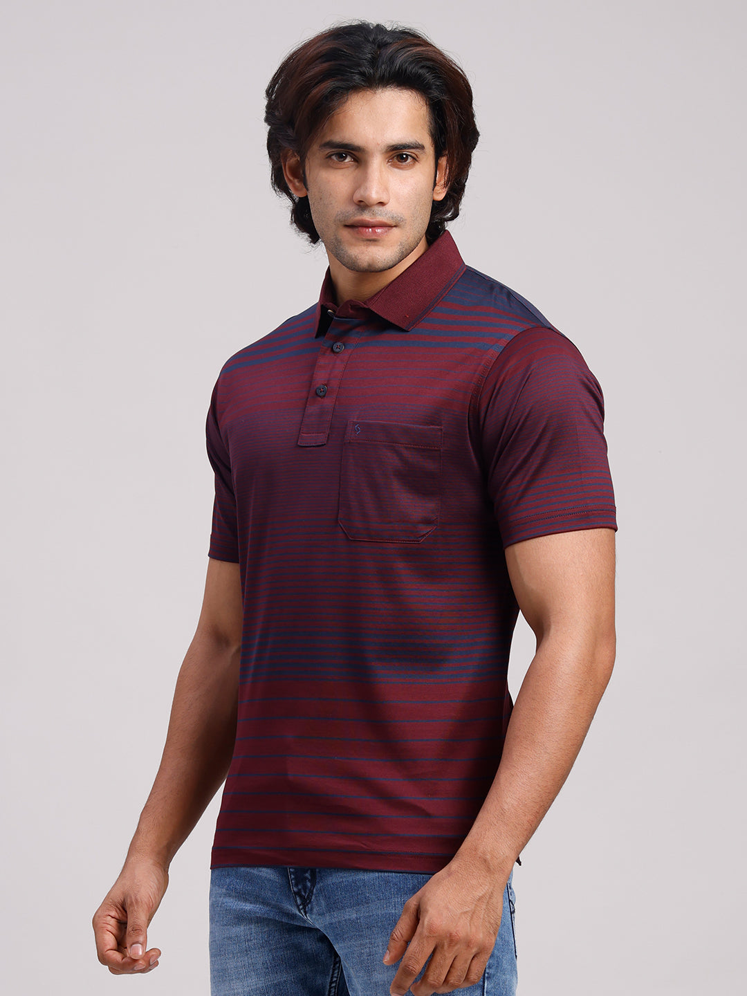 Classic Polo Men's Half Sleeve Burgundy/Navy Authentic Fit Striped Premium Mercerised Cotton T-Shirt | ULTIMO - 358 A AF P