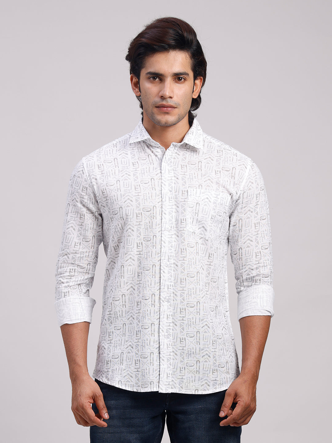 Classic Polo Men's Full Sleeve White/Grey Polo Neck Slim Fit All-Over Print Cotton Casual Shirt | SR1-GN-06 A-FS-PRT-SF