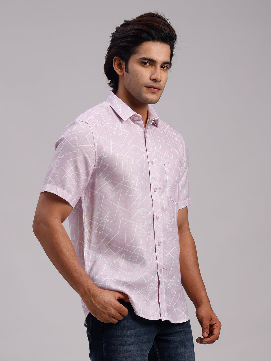 Classic Polo Men's Half Sleeve Light Mauve Polo Neck Slim Fit All-Over Print Cotton Casual Shirt | LSHR1-CL-12 B-HS-PRT-SF