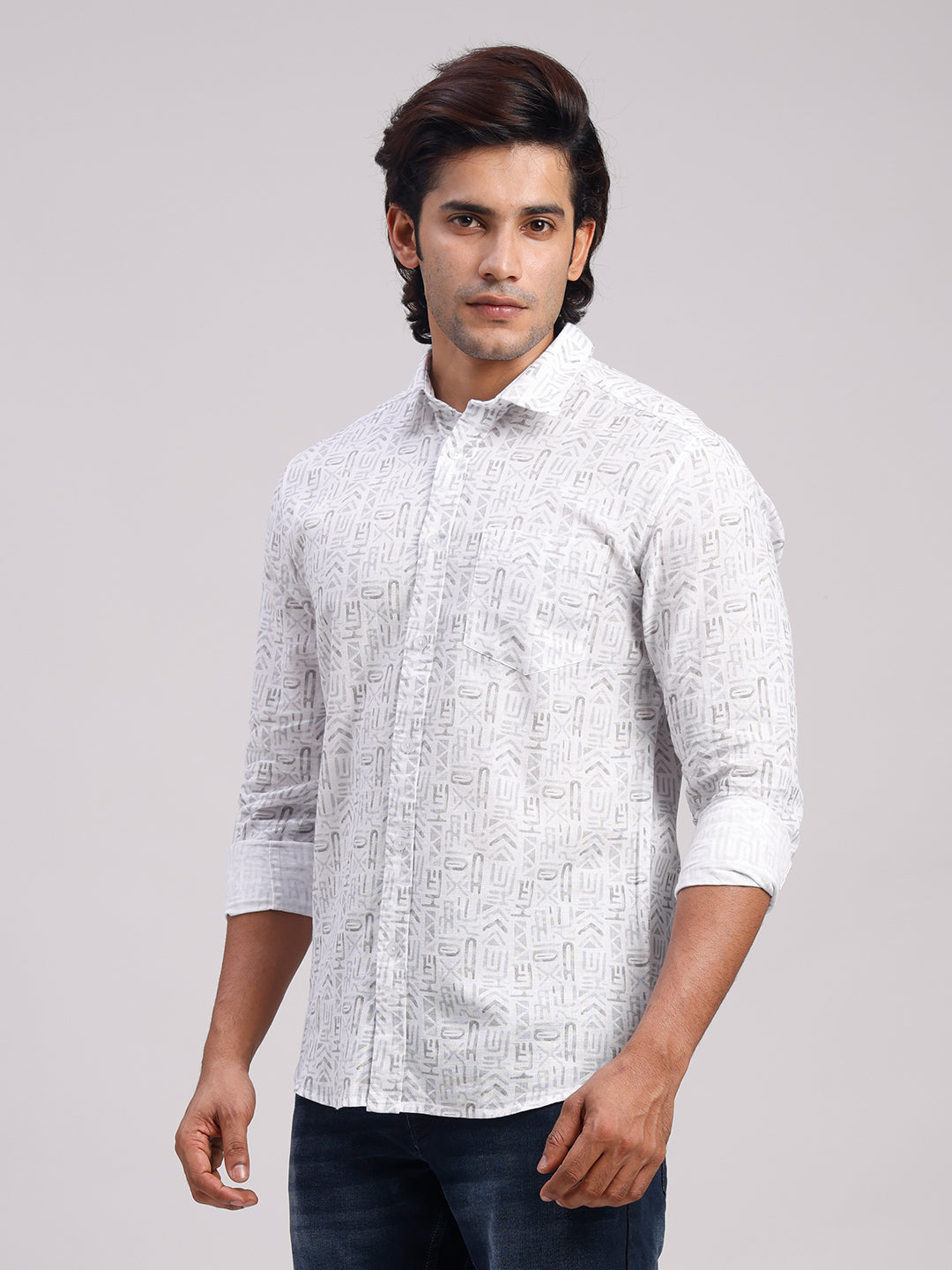 Classic Polo Men's Full Sleeve White/Grey Polo Neck Slim Fit All-Over Print Cotton Casual Shirt | SR1-GN-06 A-FS-PRT-SF