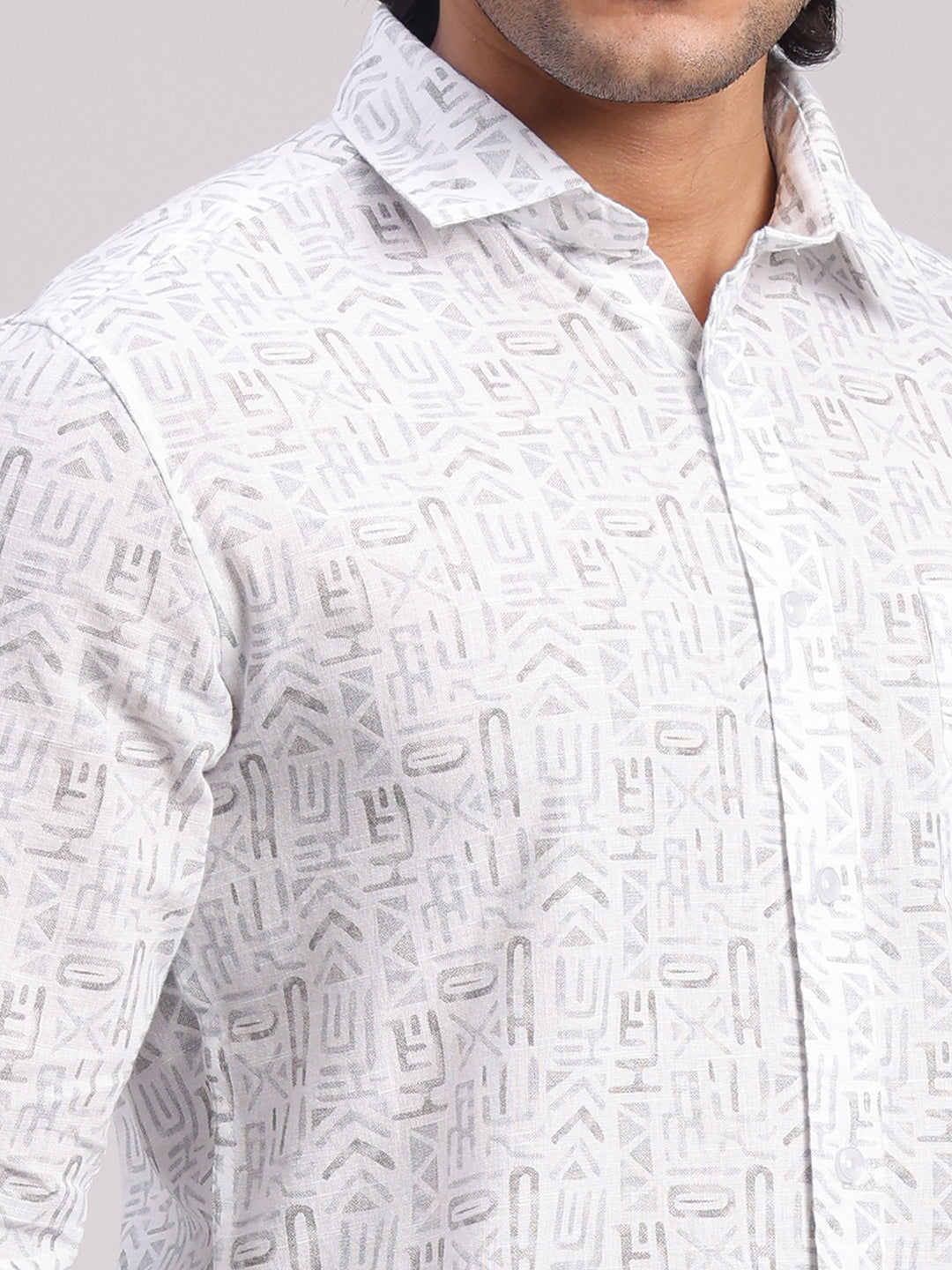 Classic Polo Men's Full Sleeve White/Grey Polo Neck Slim Fit All-Over Print Cotton Casual Shirt | SR1-GN-06 A-FS-PRT-SF