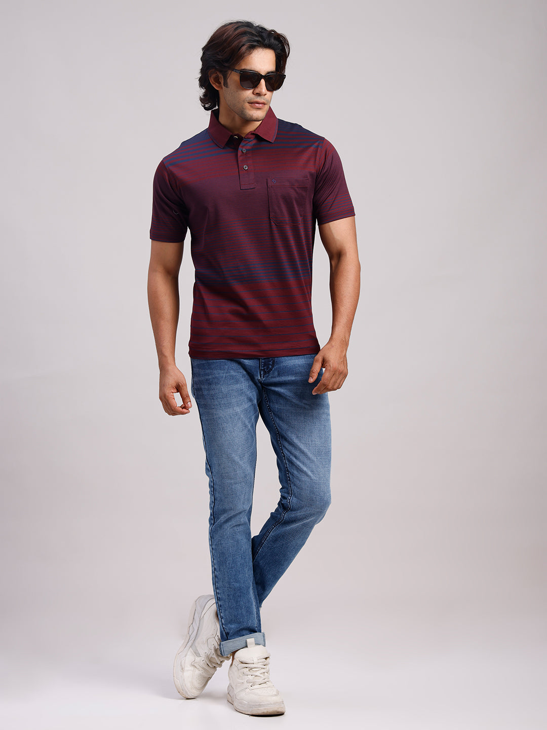 Classic Polo Men's Half Sleeve Burgundy/Navy Authentic Fit Striped Premium Mercerised Cotton T-Shirt | ULTIMO - 358 A AF P