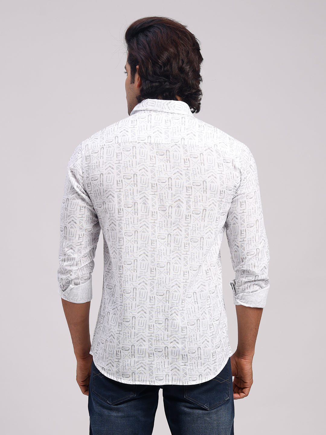 Classic Polo Men's Full Sleeve White/Grey Polo Neck Slim Fit All-Over Print Cotton Casual Shirt | SR1-GN-06 A-FS-PRT-SF