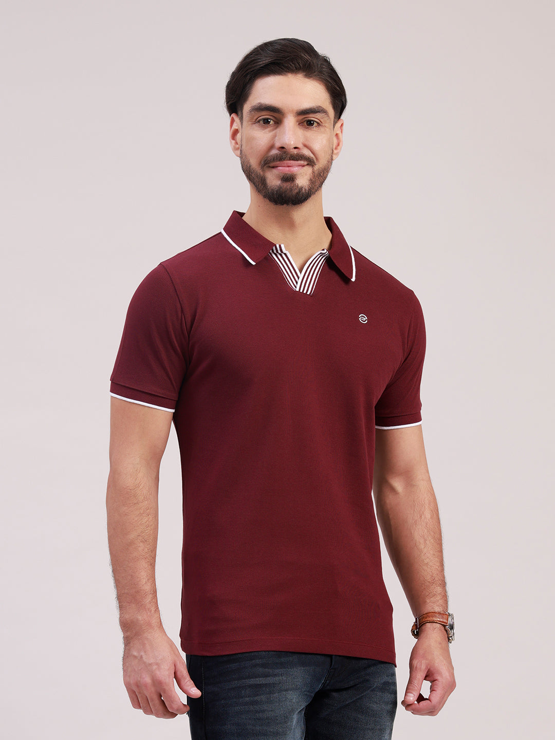 Classic Polo Men's Half Sleeve Maroon Polo Neck Slim Fit Solid Cotton Blend T-Shirt | RAVE POLO - 04 A SF P