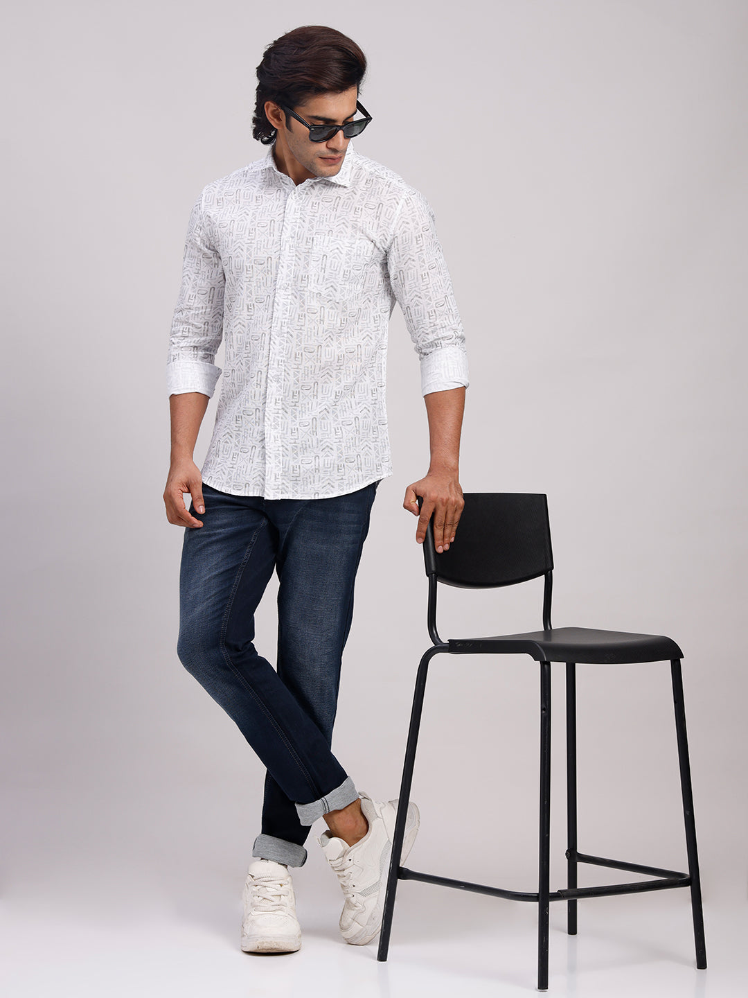 Classic Polo Men's Full Sleeve White/Grey Polo Neck Slim Fit All-Over Print Cotton Casual Shirt | SR1-GN-06 A-FS-PRT-SF