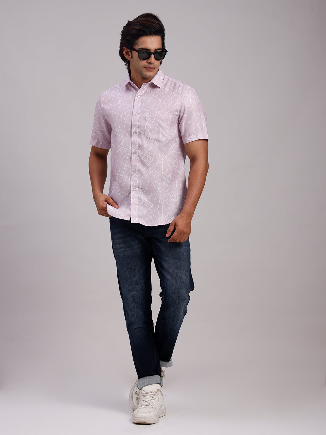 Classic Polo Men's Half Sleeve Light Mauve Polo Neck Slim Fit All-Over Print Cotton Casual Shirt | LSHR1-CL-12 B-HS-PRT-SF