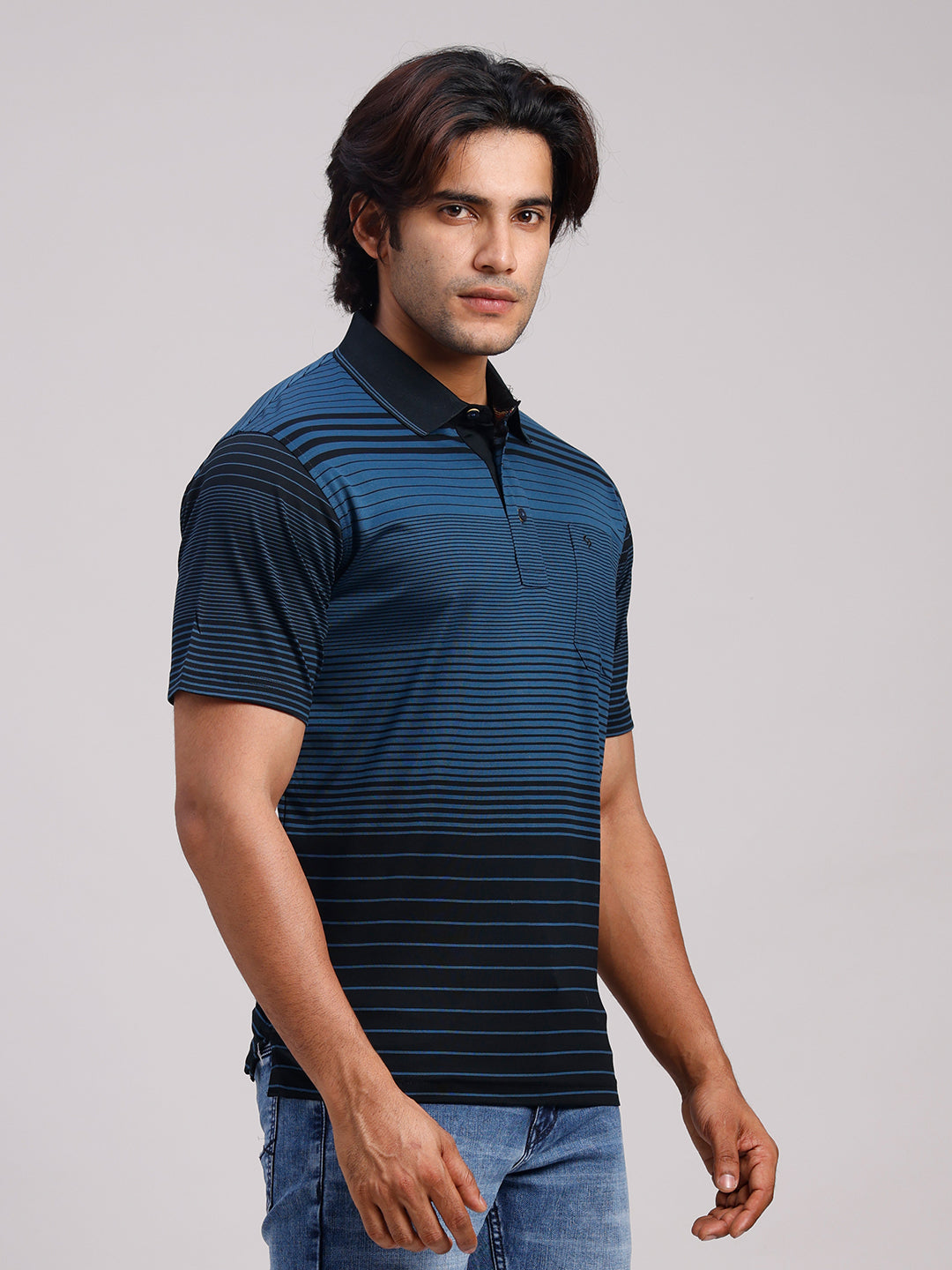 Classic Polo Men's Half Sleeve Teal Blue/Black Authentic Fit Striped Premium Mercerised Cotton T-Shirt | ULTIMO - 358 B AF P