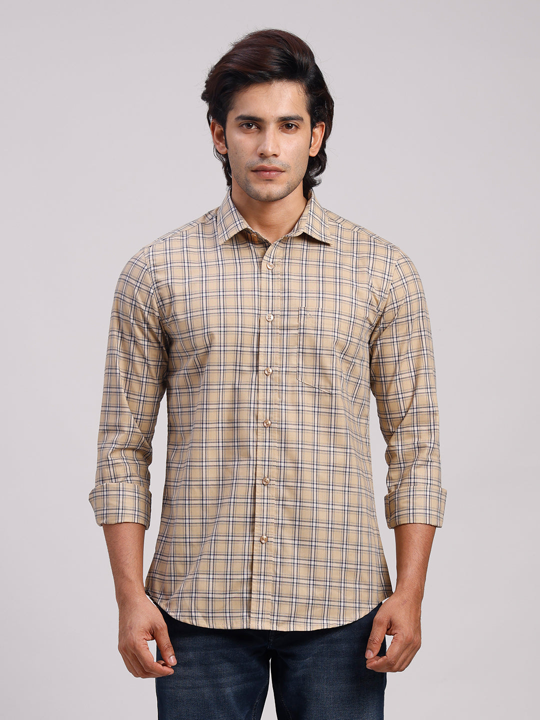 Classic Polo Men's Full Sleeve Beige Polo Neck Slim Fit Checked Cotton Casual Shirt | SR1-CL-14 A-FS-CHK-SF