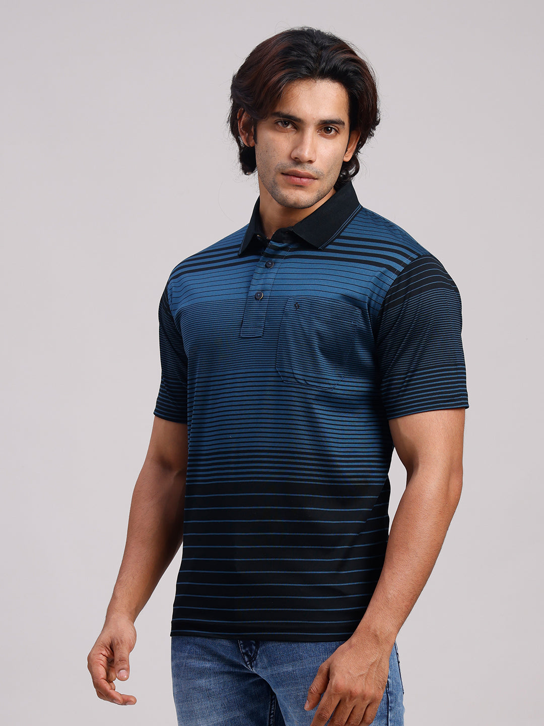 Classic Polo Men's Half Sleeve Teal Blue/Black Authentic Fit Striped Premium Mercerised Cotton T-Shirt | ULTIMO - 358 B AF P