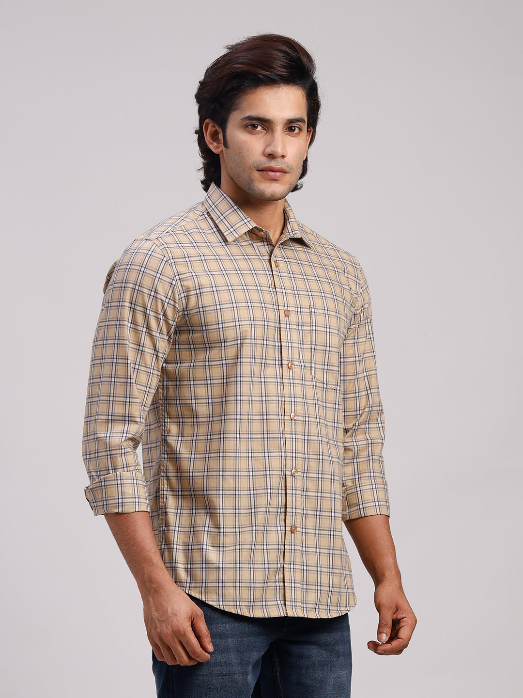 Classic Polo Men's Full Sleeve Beige Polo Neck Slim Fit Checked Cotton Casual Shirt | SR1-CL-14 A-FS-CHK-SF