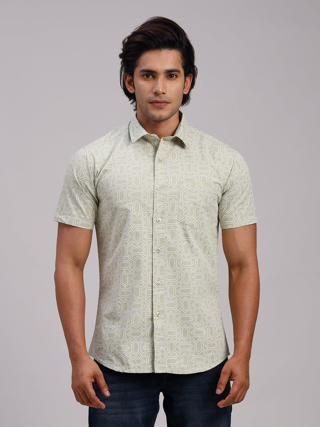Classic Polo Men's Half Sleeve Olive Green/White Polo Neck Slim Fit All-Over Print Cotton Casual Shirt | SR1-GN-08 A-HS-PRT-SF