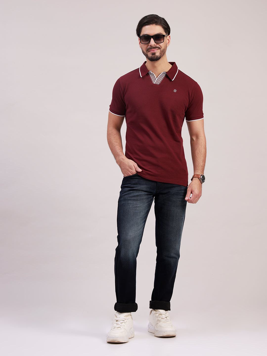 Classic Polo Men's Half Sleeve Maroon Polo Neck Slim Fit Solid Cotton Blend T-Shirt | RAVE POLO - 04 A SF P