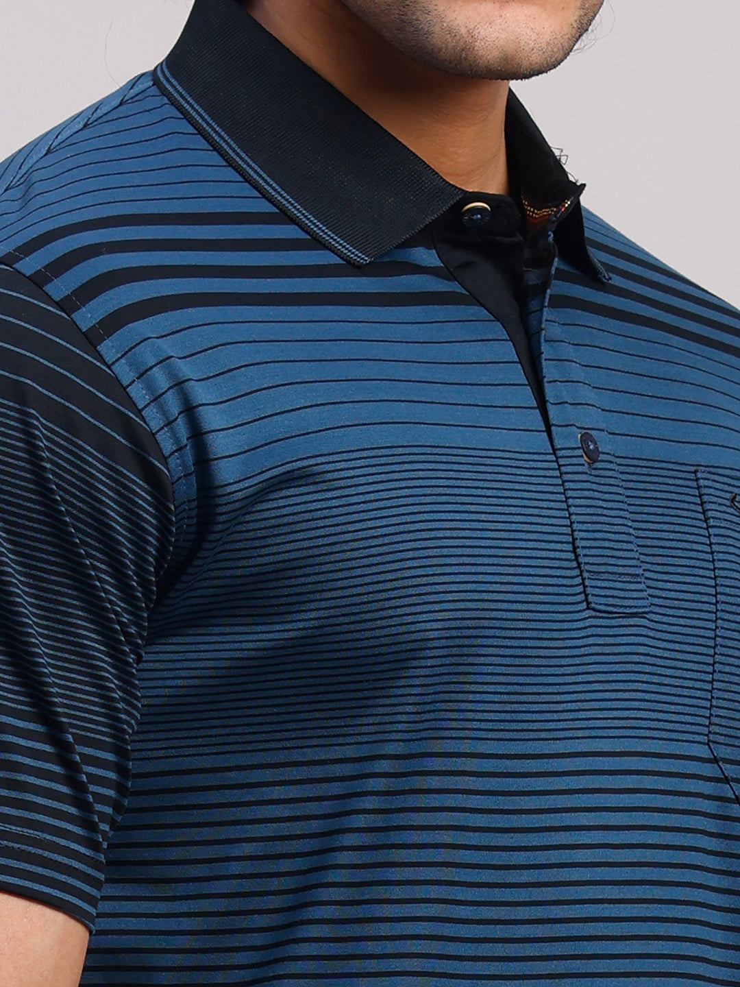 Classic Polo Men's Half Sleeve Teal Blue/Black Authentic Fit Striped Premium Mercerised Cotton T-Shirt | ULTIMO - 358 B AF P