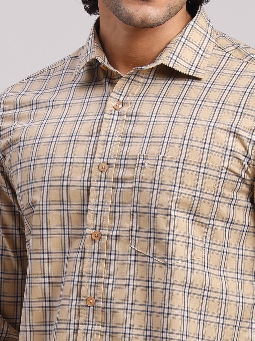 Classic Polo Men's Full Sleeve Beige Polo Neck Slim Fit Checked Cotton Casual Shirt | SR1-CL-14 A-FS-CHK-SF