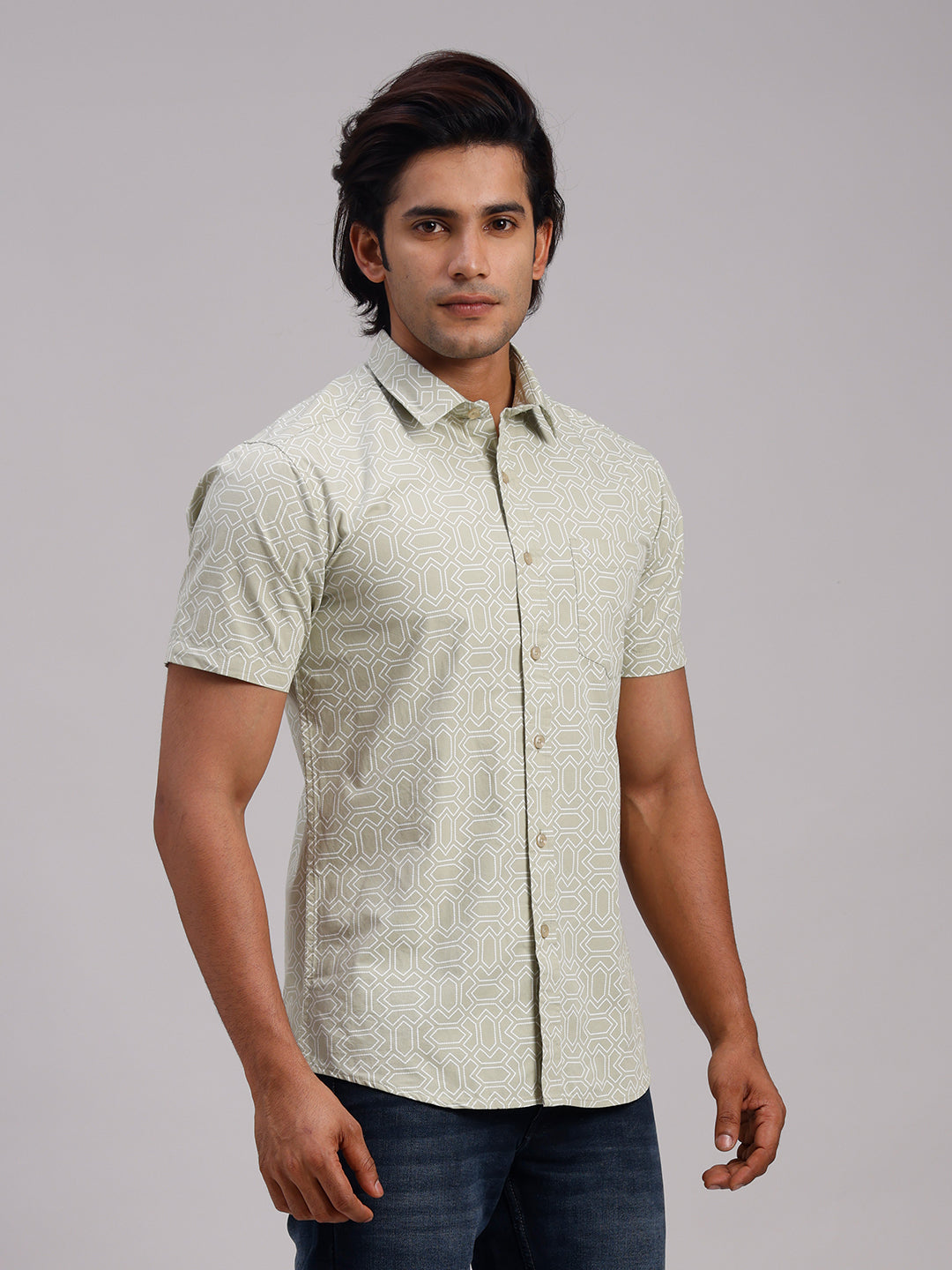 Classic Polo Men's Half Sleeve Olive Green/White Polo Neck Slim Fit All-Over Print Cotton Casual Shirt | SR1-GN-08 A-HS-PRT-SF