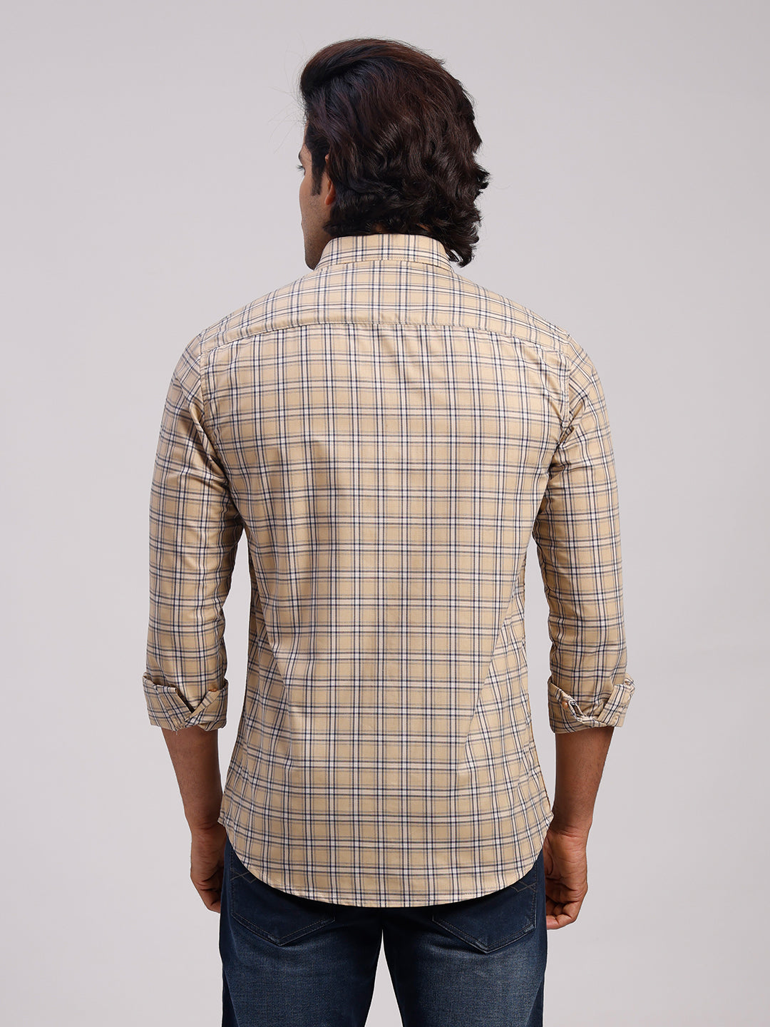 Classic Polo Men's Full Sleeve Beige Polo Neck Slim Fit Checked Cotton Casual Shirt | SR1-CL-14 A-FS-CHK-SF