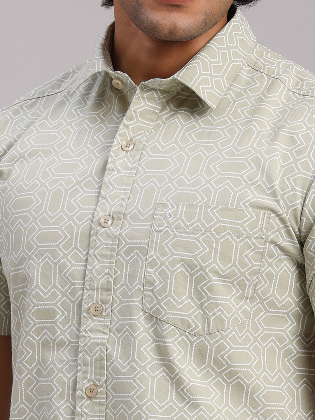 Classic Polo Men's Half Sleeve Olive Green/White Polo Neck Slim Fit All-Over Print Cotton Casual Shirt | SR1-GN-08 A-HS-PRT-SF