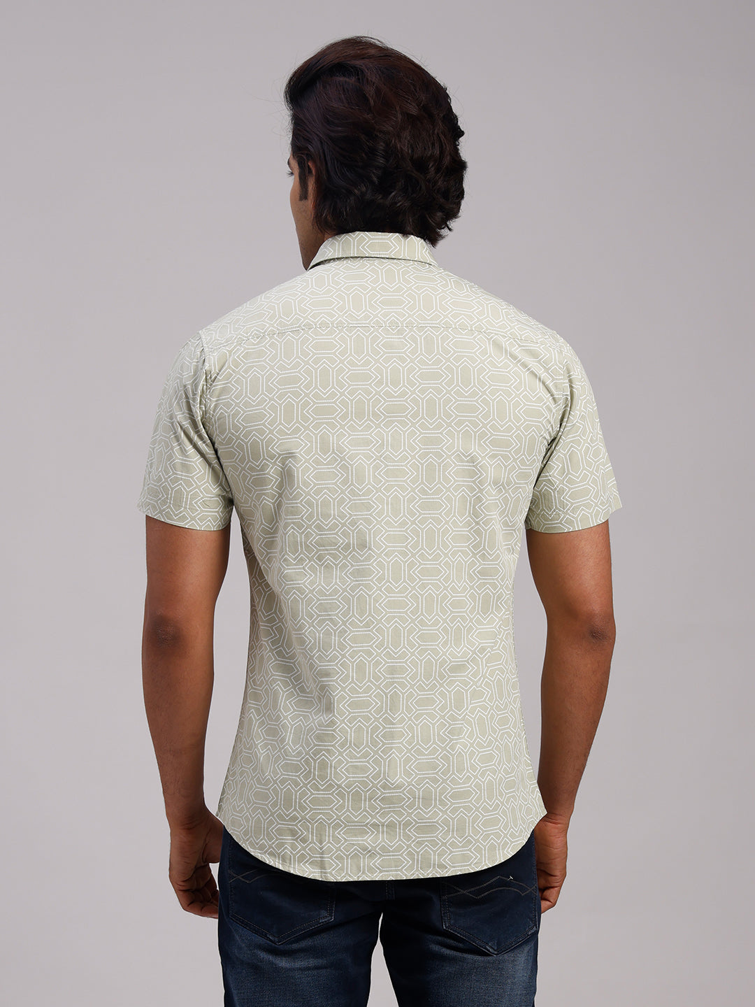 Classic Polo Men's Half Sleeve Olive Green/White Polo Neck Slim Fit All-Over Print Cotton Casual Shirt | SR1-GN-08 A-HS-PRT-SF
