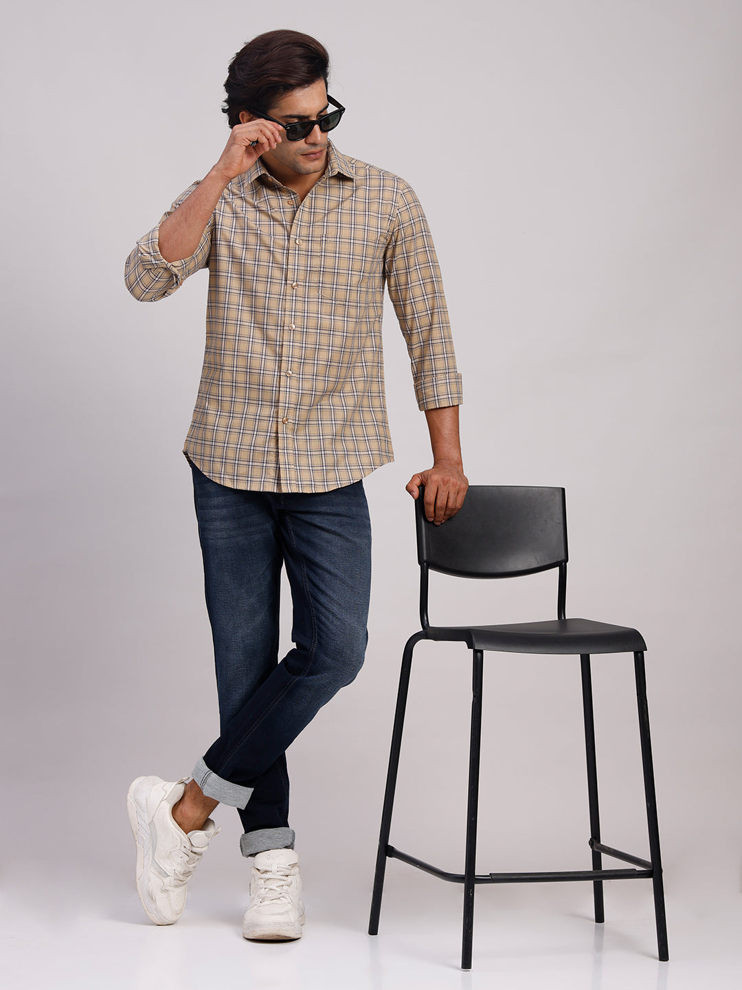 Classic Polo Men's Full Sleeve Beige Polo Neck Slim Fit Checked Cotton Casual Shirt | SR1-CL-14 A-FS-CHK-SF