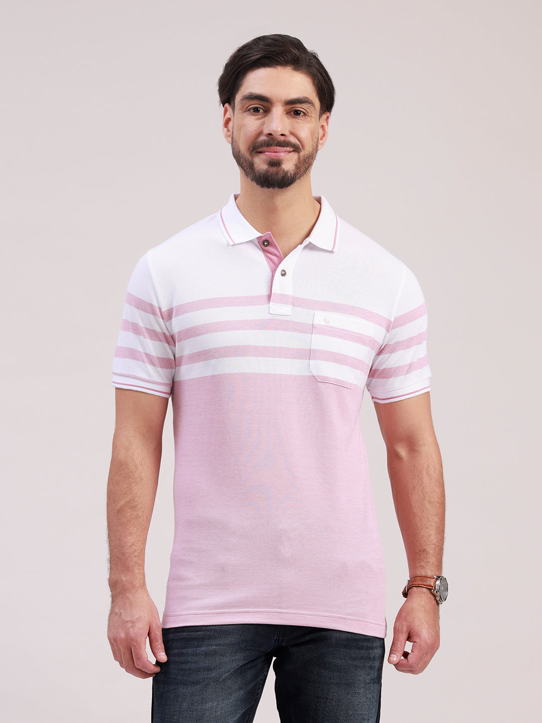 Classic Polo Men's Half Sleeve Light Pink/White Polo Neck Slim Fit Colorblock Cotton Blend T-Shirt | VTA - 328 A SF P