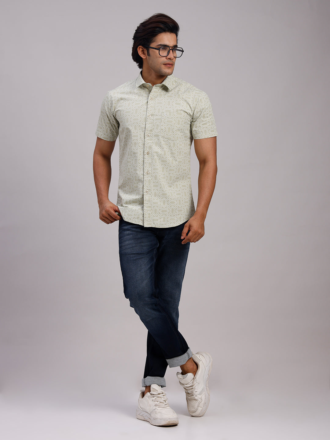 Classic Polo Men's Half Sleeve Olive Green/White Polo Neck Slim Fit All-Over Print Cotton Casual Shirt | SR1-GN-08 A-HS-PRT-SF