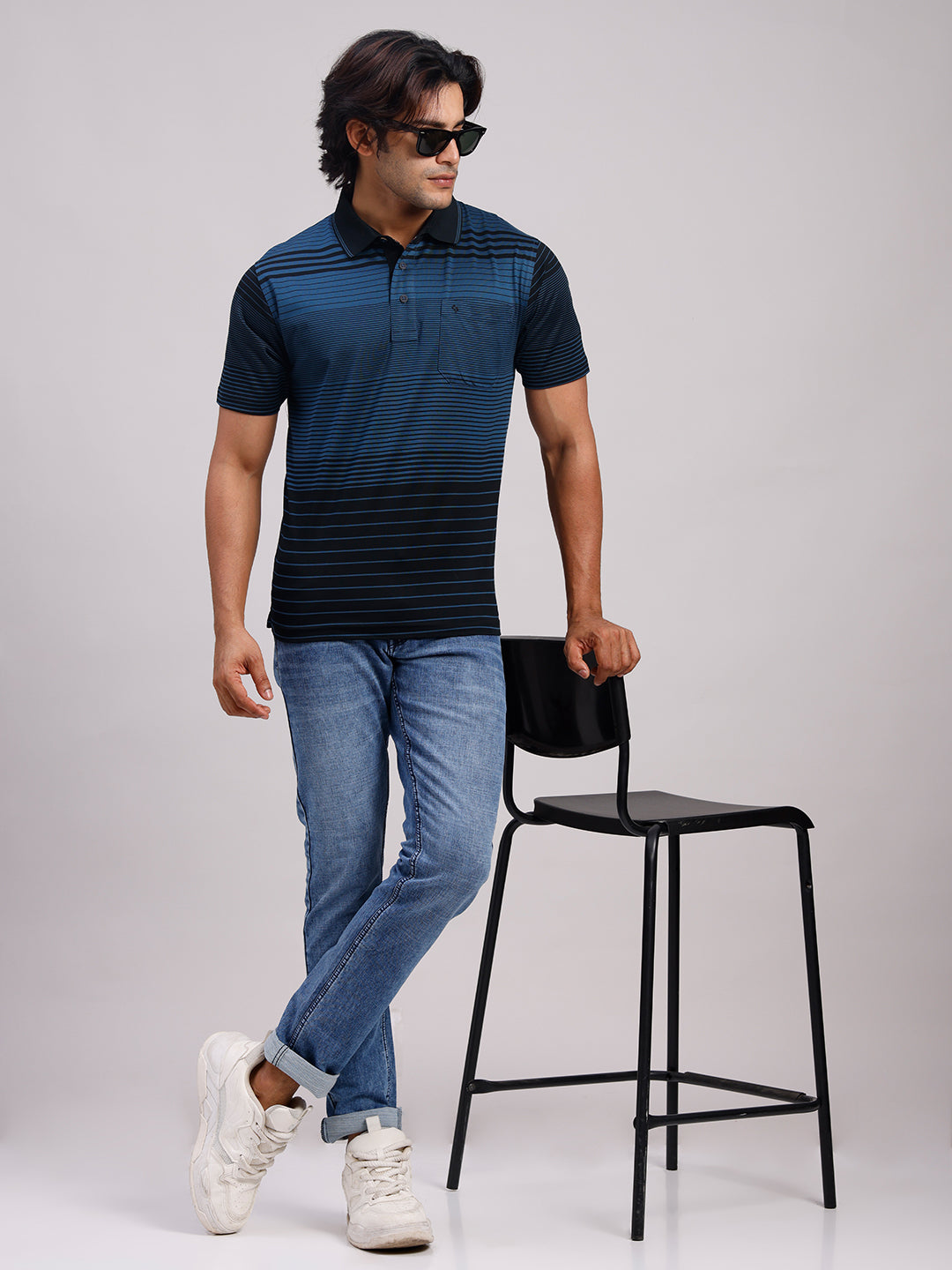 Classic Polo Men's Half Sleeve Teal Blue/Black Authentic Fit Striped Premium Mercerised Cotton T-Shirt | ULTIMO - 358 B AF P