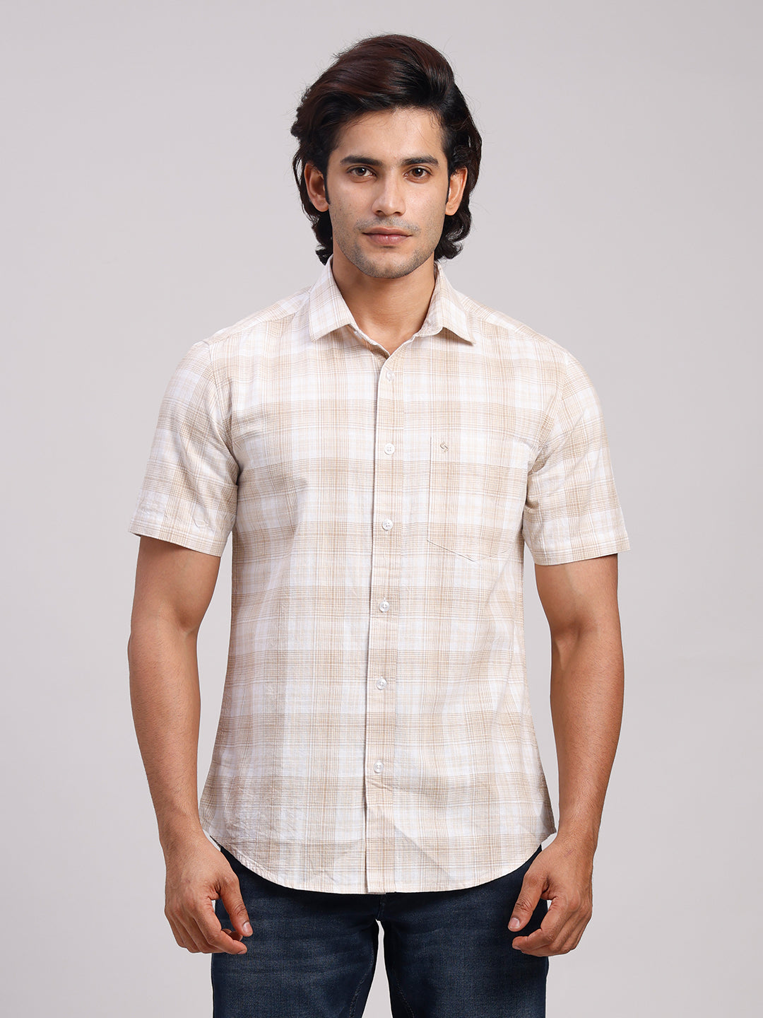 Classic Polo Men's Half Sleeve Multicolor Polo Neck Slim Fit Checked Cotton Casual Shirt | LSHR1-CL-06 A-HS-CHK-SF