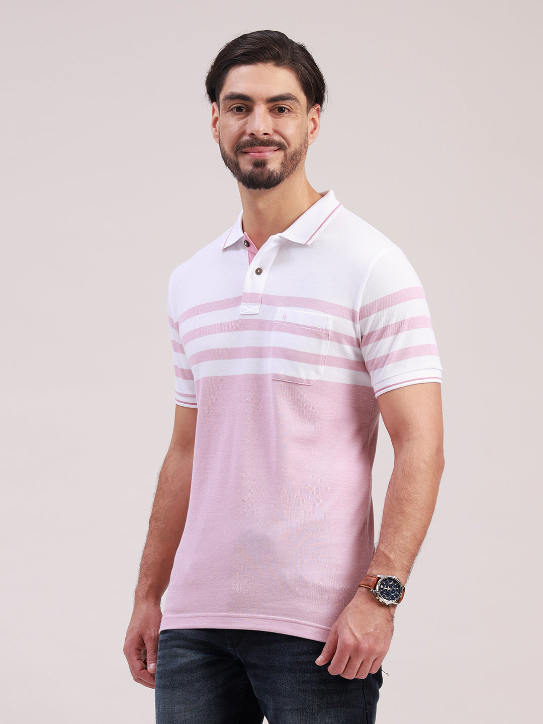 Classic Polo Men's Half Sleeve Light Pink/White Polo Neck Slim Fit Colorblock Cotton Blend T-Shirt | VTA - 328 A SF P