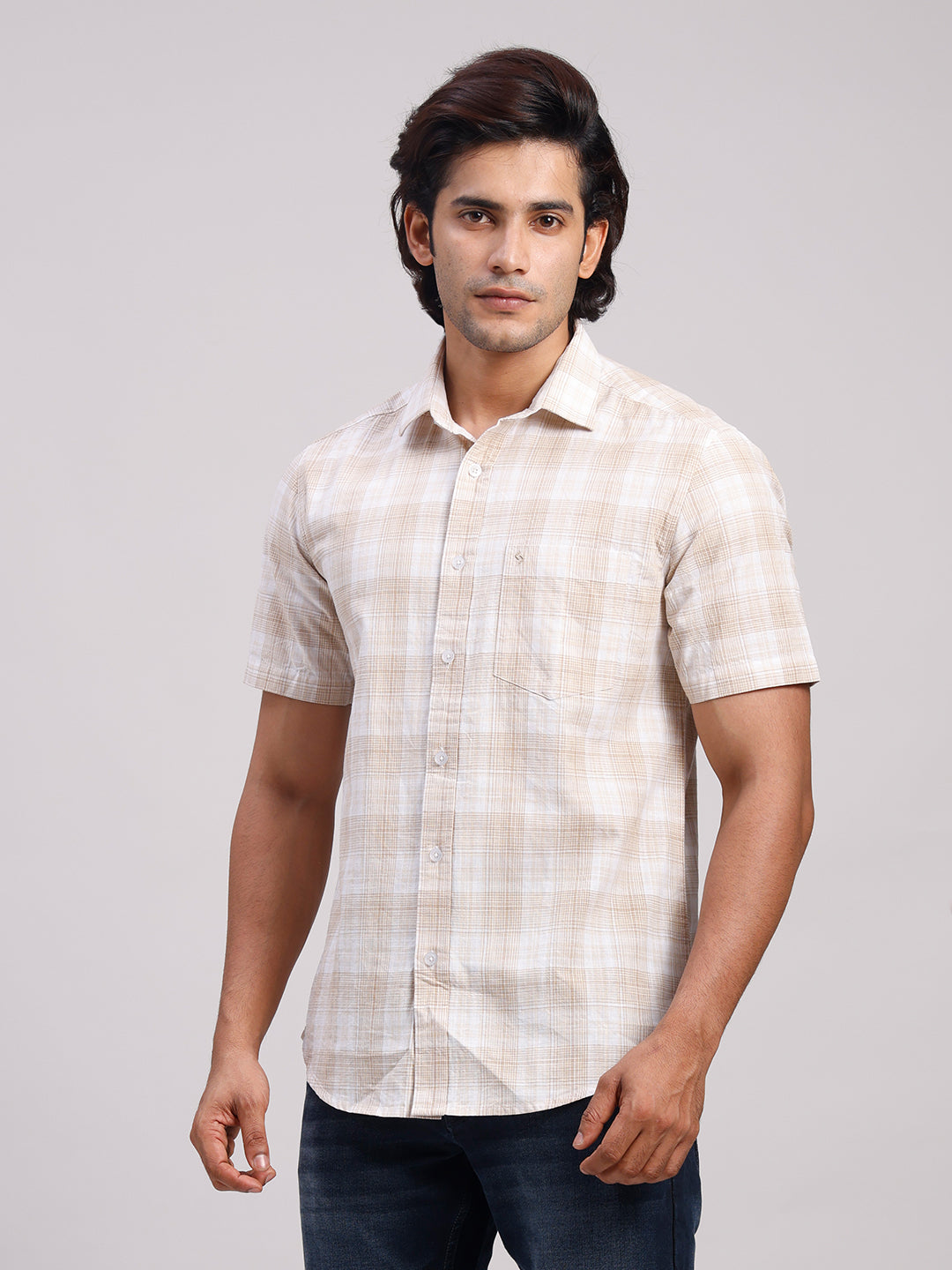 Classic Polo Men's Half Sleeve Multicolor Polo Neck Slim Fit Checked Cotton Casual Shirt | LSHR1-CL-06 A-HS-CHK-SF