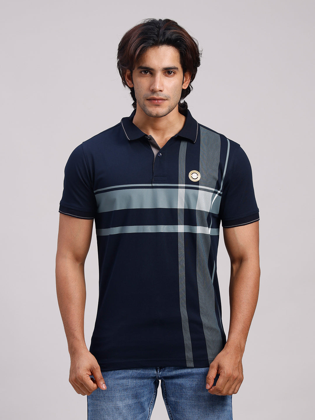 Classic Polo Men's Half Sleeve Dark Navy Polo Neck Slim Fit Printed Cotton T-Shirt | FP - 23 B SF P
