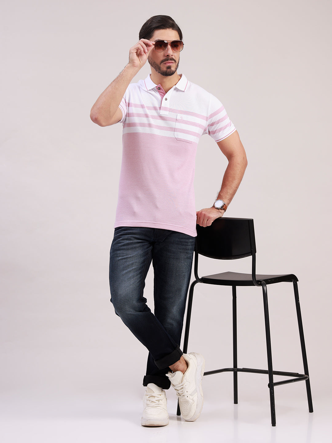 Classic Polo Men's Half Sleeve Light Pink/White Polo Neck Slim Fit Colorblock Cotton Blend T-Shirt | VTA - 328 A SF P