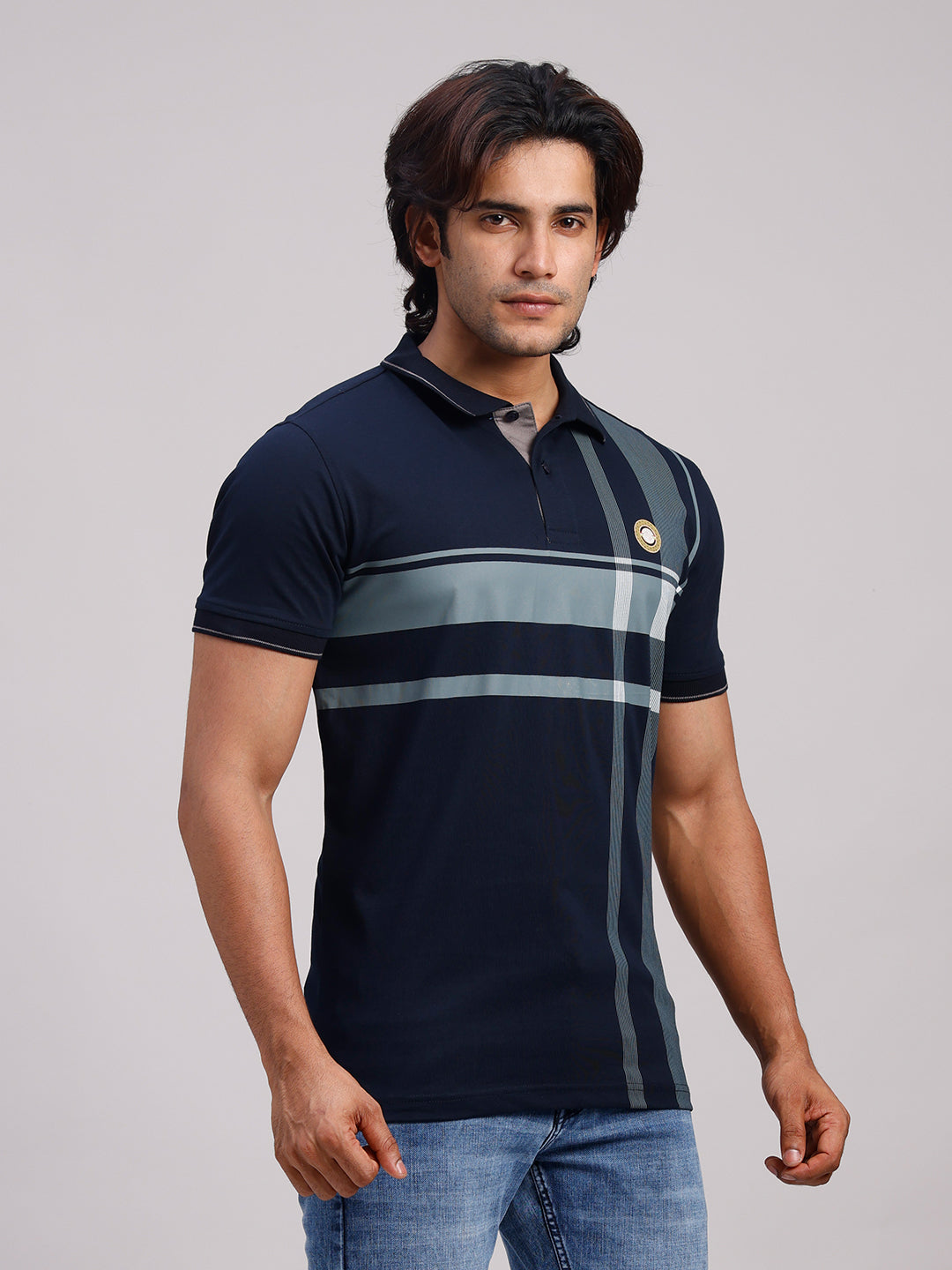 Classic Polo Men's Half Sleeve Dark Navy Polo Neck Slim Fit Printed Cotton T-Shirt | FP - 23 B SF P